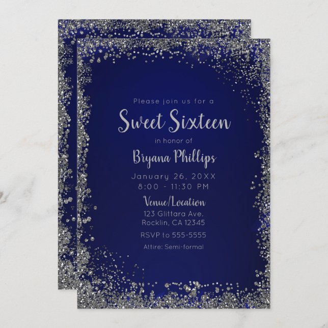 Convites Royal Blue & Silver Glitter Glam Sweet 16 Party (Frente/Verso)