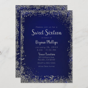 Convites Royal Blue & Silver Glitter Glam Sweet 16 Party