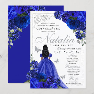 Convites Royal Blue Silver Princess Butterflies Quinceañera