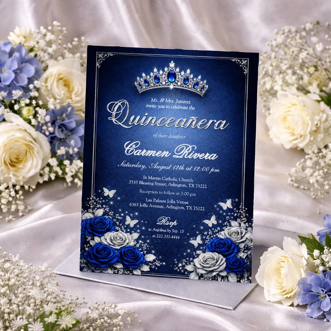Convites Royal Blue & Silver Quinceanera Invitation  (Criador carregado)