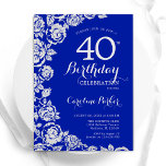 Convites Royal Blue Silver Rosa<br><div class="desc">Convite de festas de aniversário de 40 anos floral azul real. Design elegante com rosas, folha de falso prata e letra de script de tipografia. A Trendy convida o cartão perfeito para uma festa de na moda. Pode ser personalizado para qualquer idade. Impressos convites Zazzle ou modelo de impressão digital...</div>