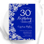 Convites Royal Blue Silver Rosa<br><div class="desc">Convite de festas de aniversário de 30 anos floral azul real. Design elegante com rosas, folha de falso prata e letra de script de tipografia. A Trendy convida o cartão perfeito para uma festa de na moda. Pode ser personalizado para qualquer idade. Impressos convites Zazzle ou modelo de impressão digital...</div>