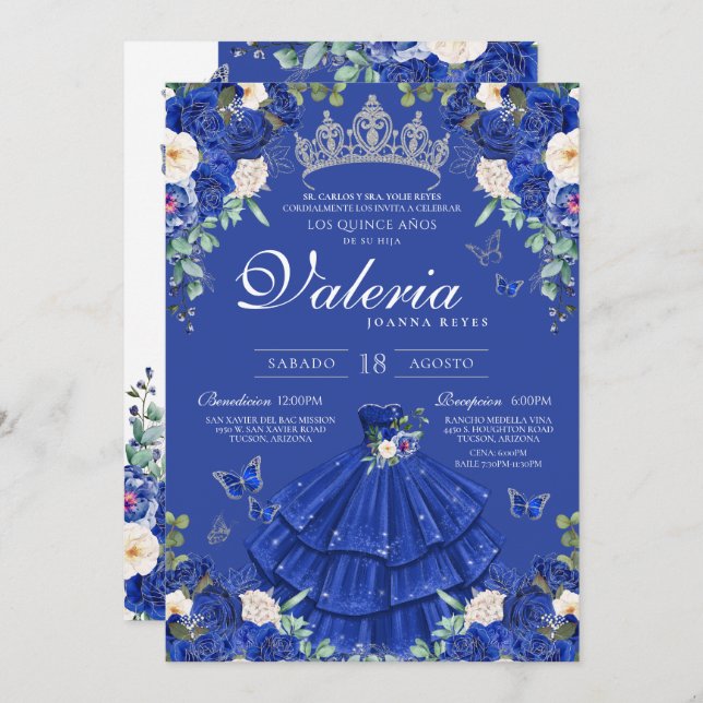 Convites Royal Blue Silver Rosa Elegant Princesas (Frente/Verso)
