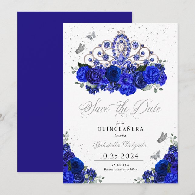 Convites Royal Blue Silver Tiara Salve A Data Quinceañera (Frente/Verso)