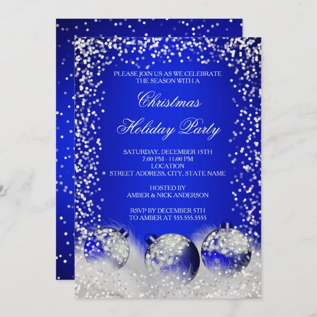 Convites Royal Blue Snow Bauble Festa de Natal (Frente/Verso)
