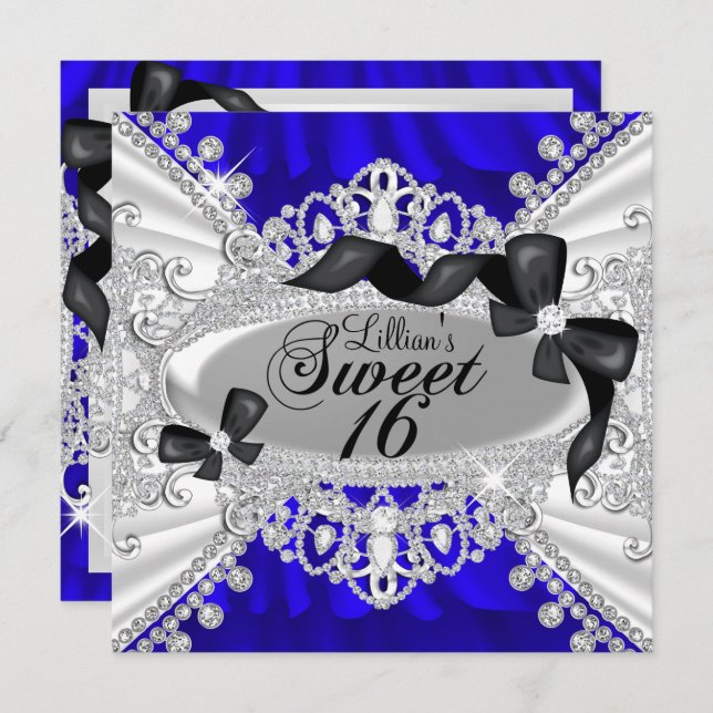 Convites Royal Blue Sparkle Diamond & Arco Sweet 16 Invite (Frente/Verso)