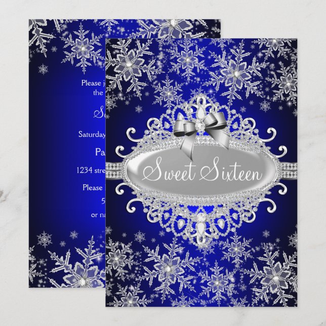 Convites Royal Blue Sparkle Snowflake Sweet 16 Invite (Frente/Verso)