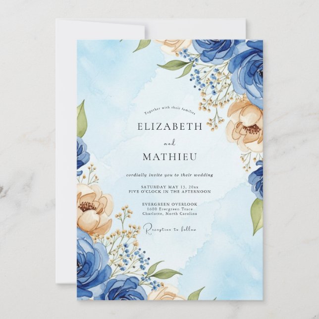 Convites Royal Blue Stately Watercolor Wedding (Frente)