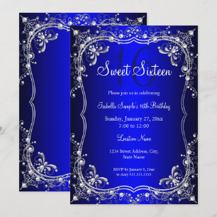Convites Royal Blue Sweet 16 Festa de Prata Pearl Damask