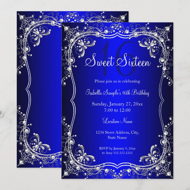 Convites Royal Blue Sweet 16 Festa de Prata Pearl Damask (Frente/Verso)