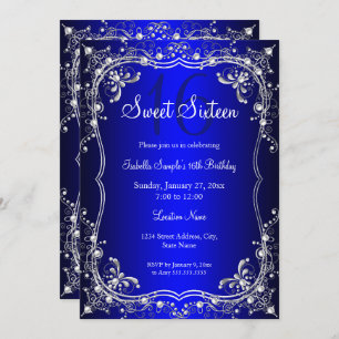 Convites Royal Blue Sweet 16 Festa de Prata Pearl Damask