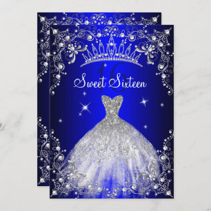 Convites Royal Blue Sweet 16, partido de Vestido Prateado