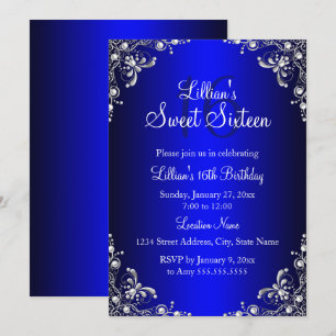 Convites Royal Blue Sweet 16 Pérola Prateada Damask