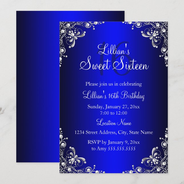 Convites Royal Blue Sweet 16 Pérola Prateada Damask (Frente/Verso)