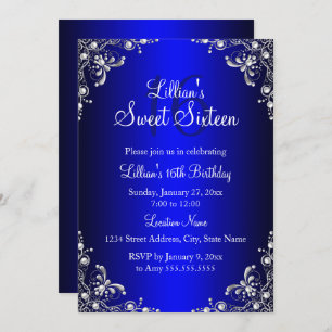 Convites Royal Blue Sweet 16 Silver Pearl Damask