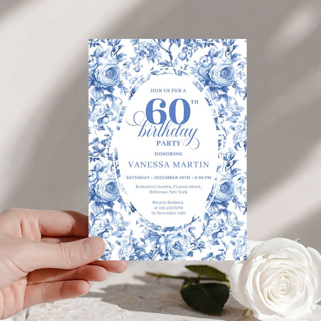 Convites Royal Blue Toile Roses 60th Birthday Invite Printa (Royal Blue Toile Roses 60th Birthday Invite Printable

)