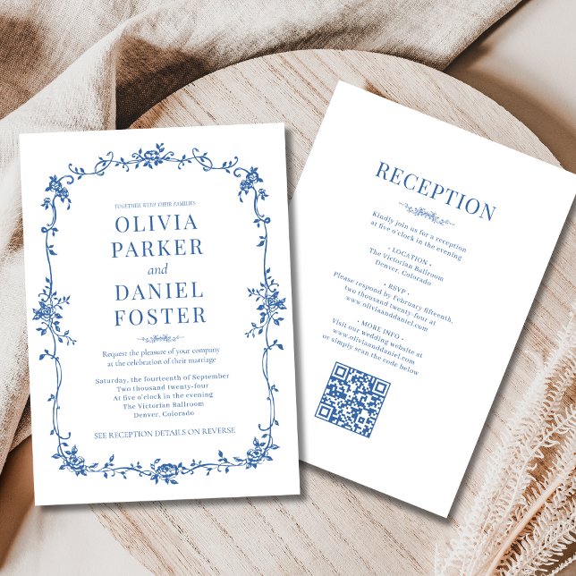 Convites Royal Blue Victorian QR Code All in One Wedding  (Criador carregado)