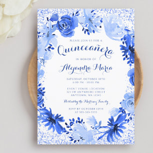 Convites Royal Blue Watercolor Quinceanera Floral