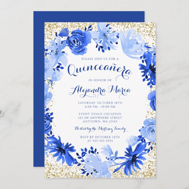 Convites Royal Blue Watercolor Quinceanera Floral Dourada (Frente/Verso)