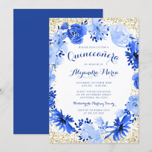 Convites Royal Blue Watercolor Quinceanera Floral Dourada