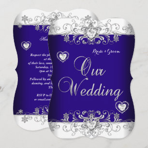 Convites Royal Blue Wedding Silver Diamond Hearts b