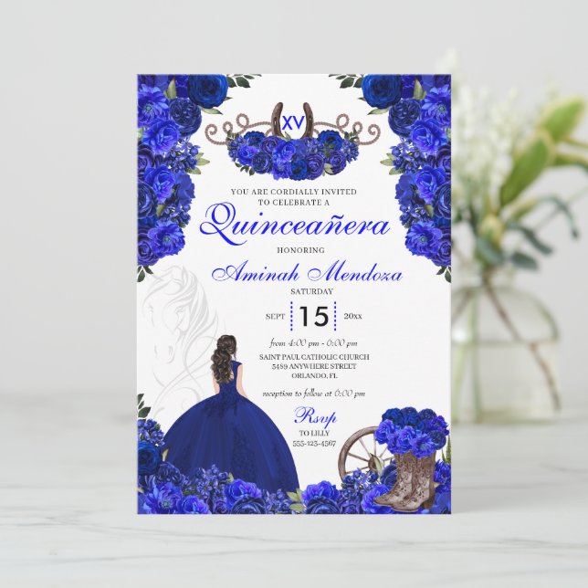 Convites Royal Blue Western Princess Charro Quinceanera (Em pé/Frente)