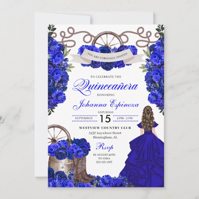 Convites Royal Blue Western Ranchero Quinceanera (Frente)