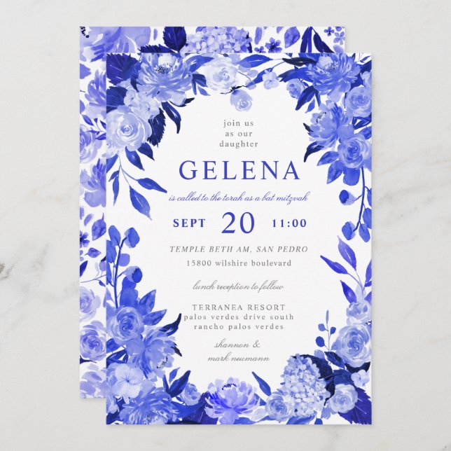 Convites Royal Blue & White Watercolor Bat Mitzvah (Frente/Verso)