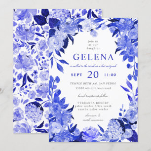 Convites Royal Blue & White Watercolor Bat Mitzvah
