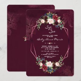 Convites Royal Burgundy Blush Floral Sip & See Chá de frald