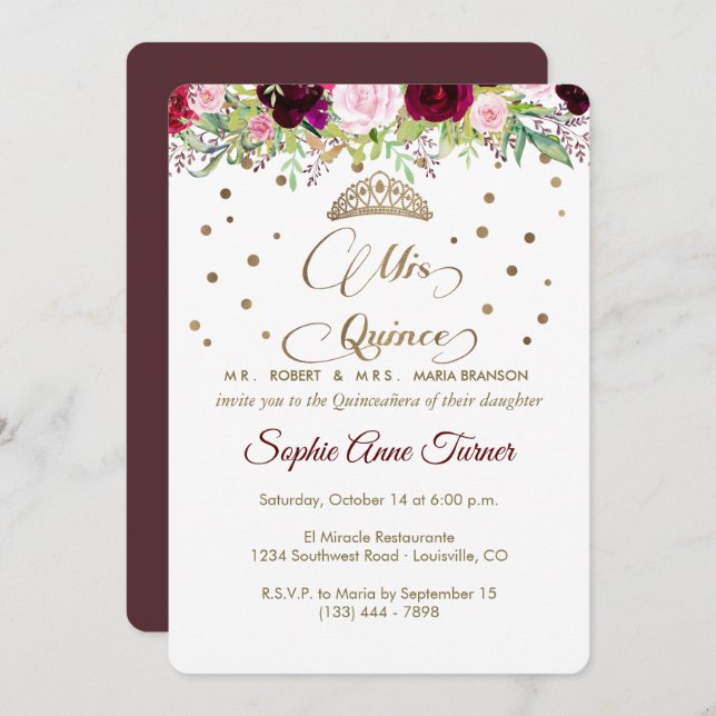 Convites Royal Burgundy Dourada Mis Quince Script Quinceañe (Frente/Verso)