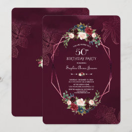 Convites Royal Burgundy Floral Geométrico 50º Aniversário