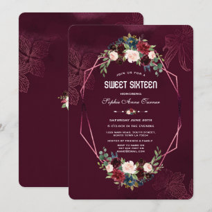 Convites Royal Burgundy Floral Geométrico Sweet 16