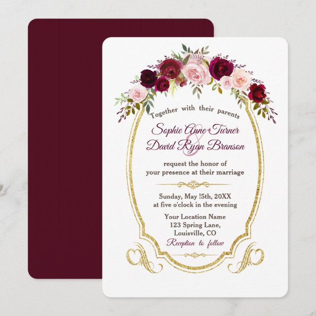 Convites Royal Burgundy Marsala Casamento outono Floral (Frente/Verso)