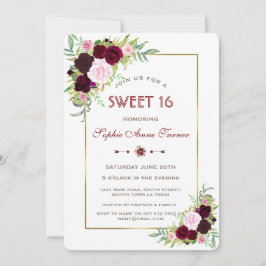 Convites Royal Burgundy Marsala Floral Dourado Sweet 16