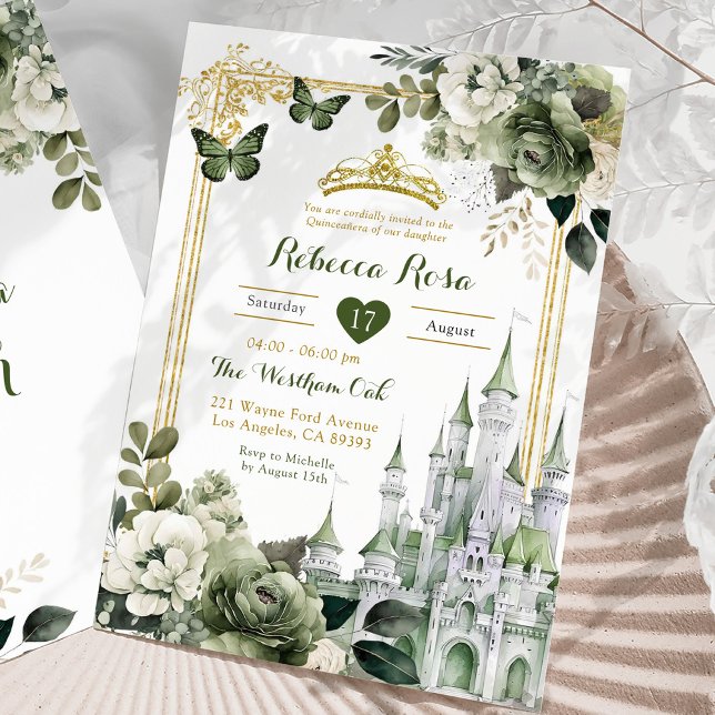 Convites Royal Castle Crown Sage Green Quinceañera (Criador carregado)