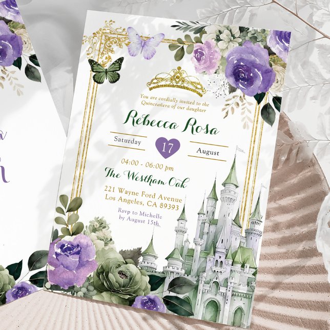 Convites Royal Castle Lilac Purple Sage Green Quinceañera (Criador carregado)