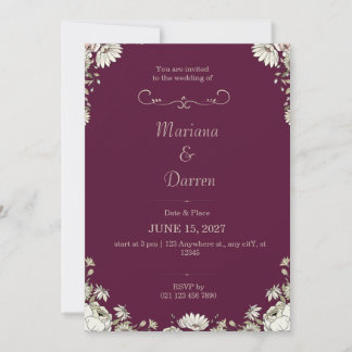 Convites Royal Deep Purple & White Floral Wedding Invite