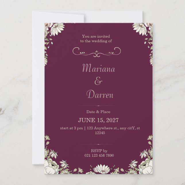Convites Royal Deep Purple & White Floral Wedding Invite (Frente)