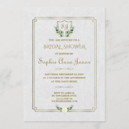 Convites Royal Dourado Crest Greenery Chá de panela Floral