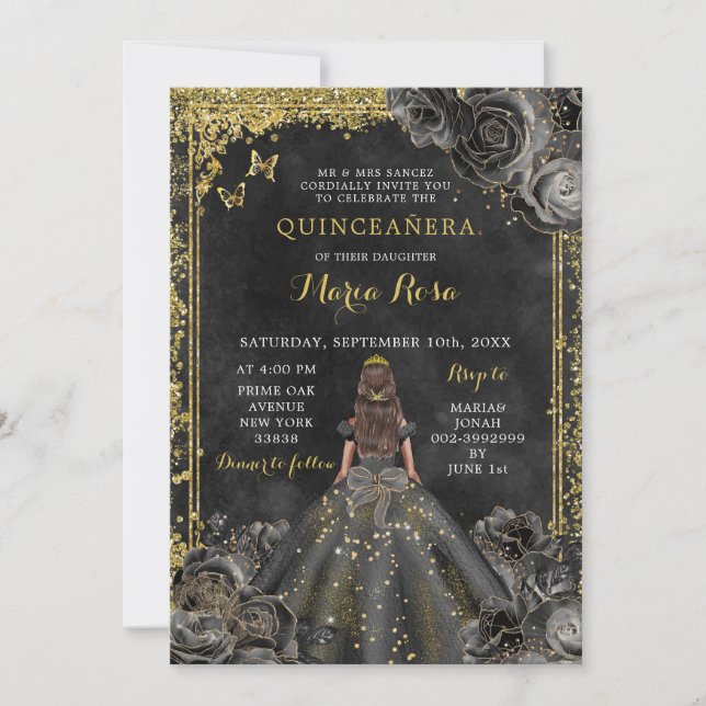 Convites Royal Elegant Dourada e Black Rosa Quinceañera (Frente)