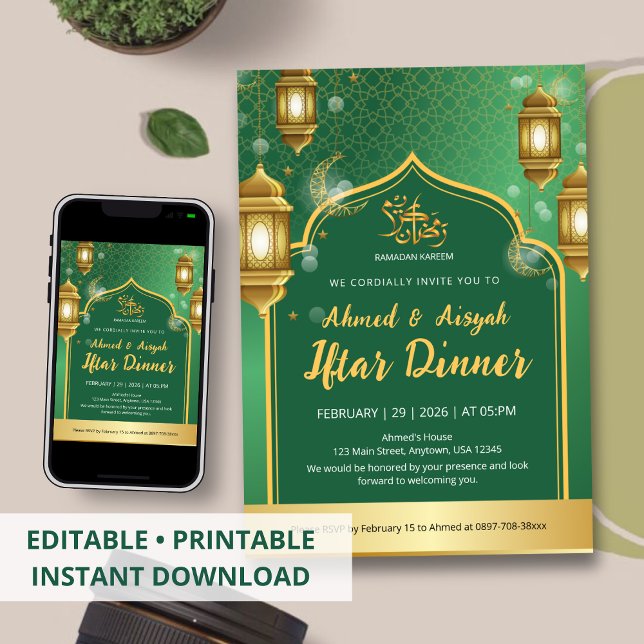 Convites Royal Emerald Green and Gold Lantern Iftar Dinner  (Criador carregado)