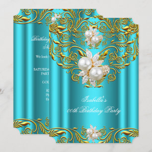 Convites Royal Gold em Teal Pearl Festa de Aniversário Eleg