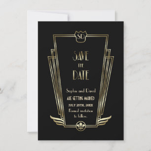 Convites Royal Gold Preto Art Deco Monograma Save The Date
