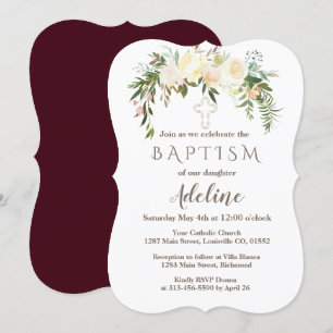 Convites Royal Ivory Floral Burgundy Baptism Invite