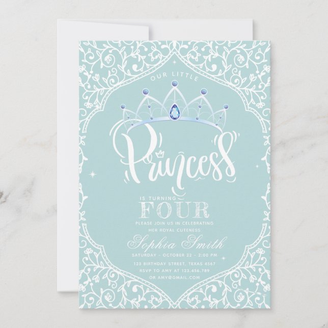 Convites Royal Little Princess Blue Ornamental (Frente)