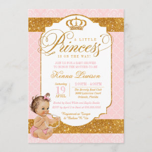 Convites Royal Little Princess Pink e Dourado Chá de fralda