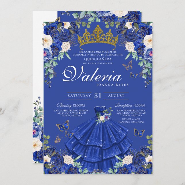 Convites Royal Marinho Blue Butterfly Princess Birday (Frente/Verso)