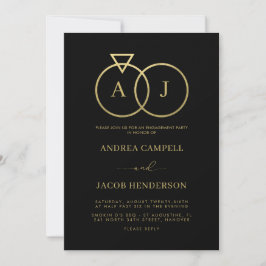Convites Royal Monogram Black and Gold Engagement Party 