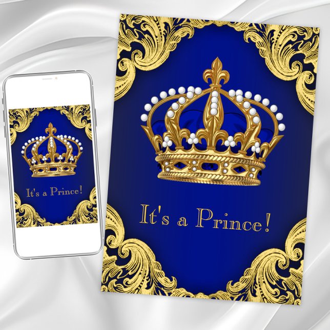 Convites Royal Prince Baby Shower Invants (Royal blue gold prince crown any occasion invitation.)